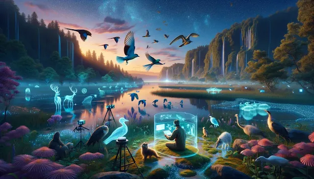 A 35mm film-style landscape capturing a harmonious integration of technology and nature, with a researcher using holographic devices among bioluminescent plants.